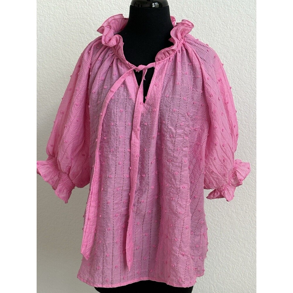 UMGEE Pink Swiss Dot Ruffle/V-Neck Puff Sleeve Large Blouse Boho Peasant Relaxed